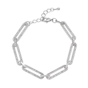 White Austrian Crystal Paper Clip Chain Bracelet in Silvertone (7.50-9.50In)