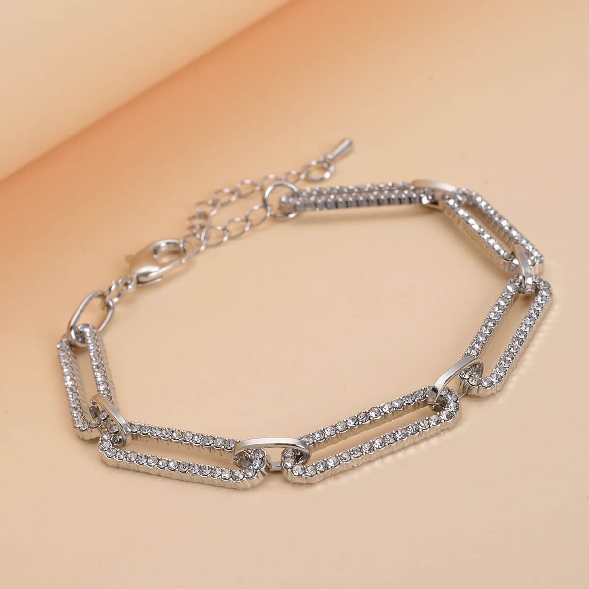 White Austrian Crystal Paper Clip Chain Bracelet in Silvertone (7.50-9.50In) image number 1