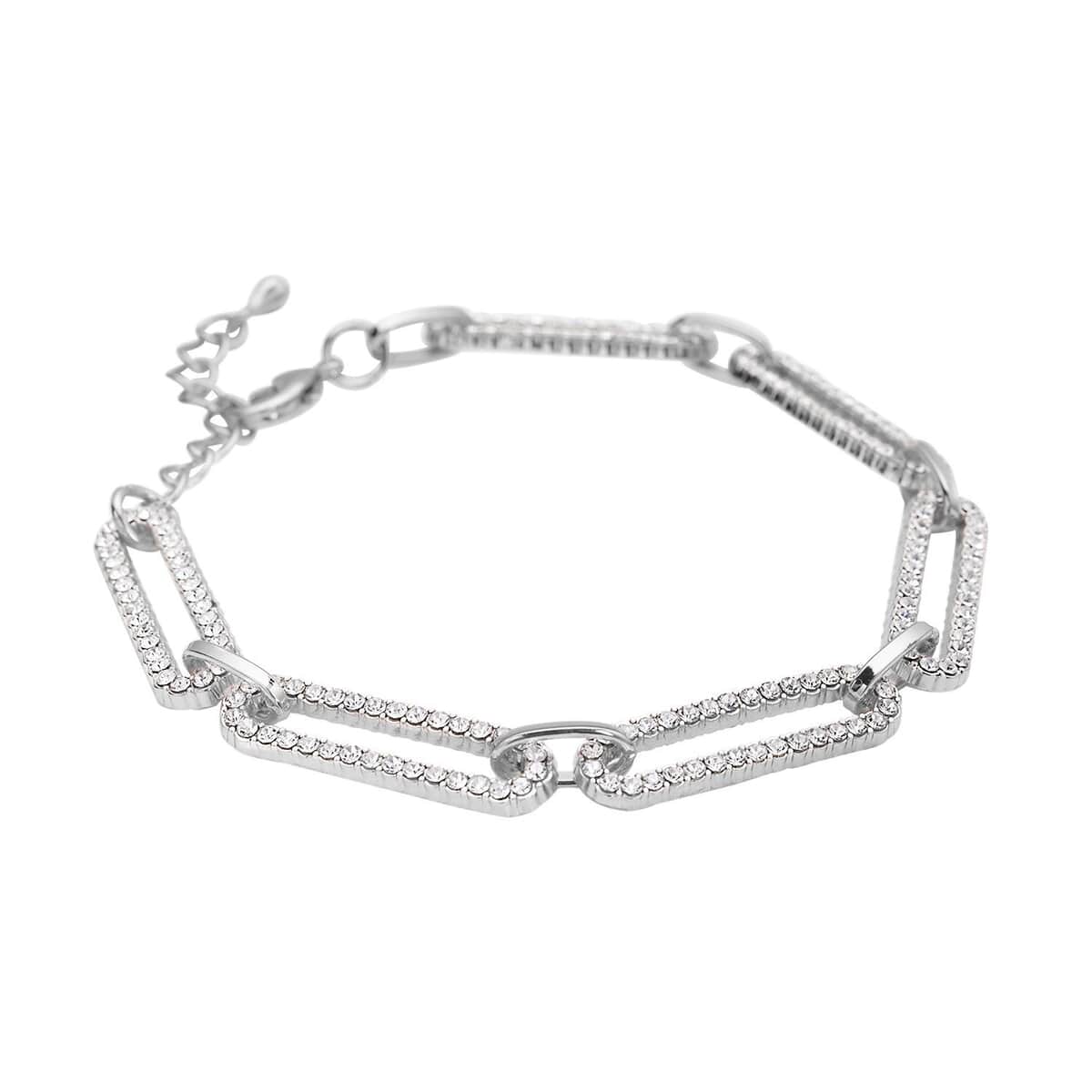 White Austrian Crystal Paper Clip Chain Bracelet in Silvertone (7.50-9.50In) image number 2