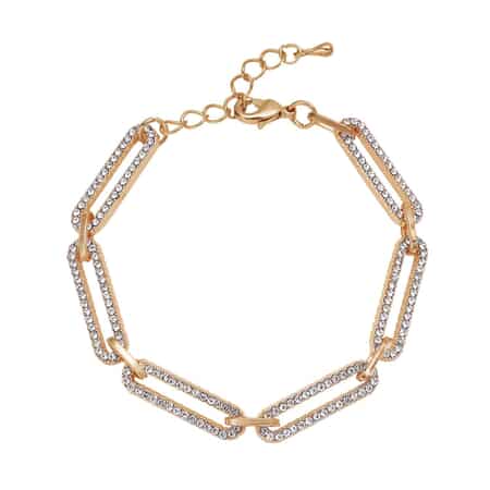White Austrian Crystal Paper Clip Chain Bracelet in Goldtone (7.50-9.50In) image number 0