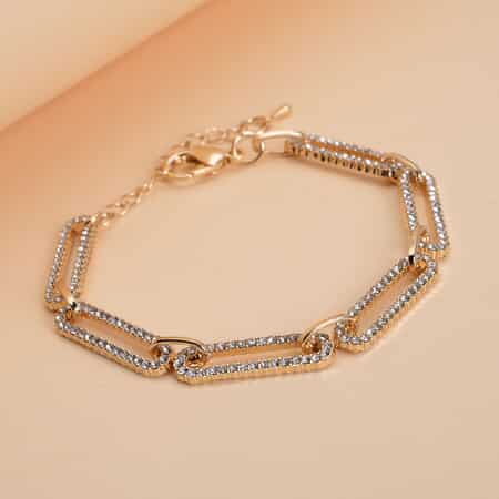 White Austrian Crystal Paper Clip Chain Bracelet in Goldtone (7.50-9.50In) image number 1