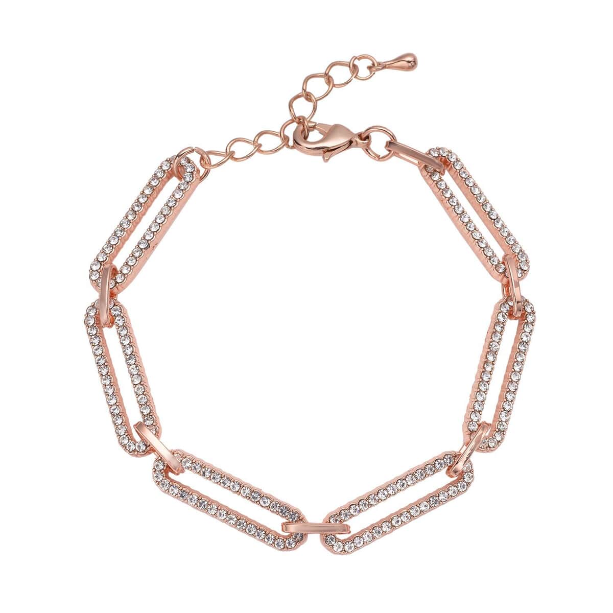 White Austrian Crystal Paper Clip Chain Bracelet in Rosetone (7.50-9.50In) image number 0