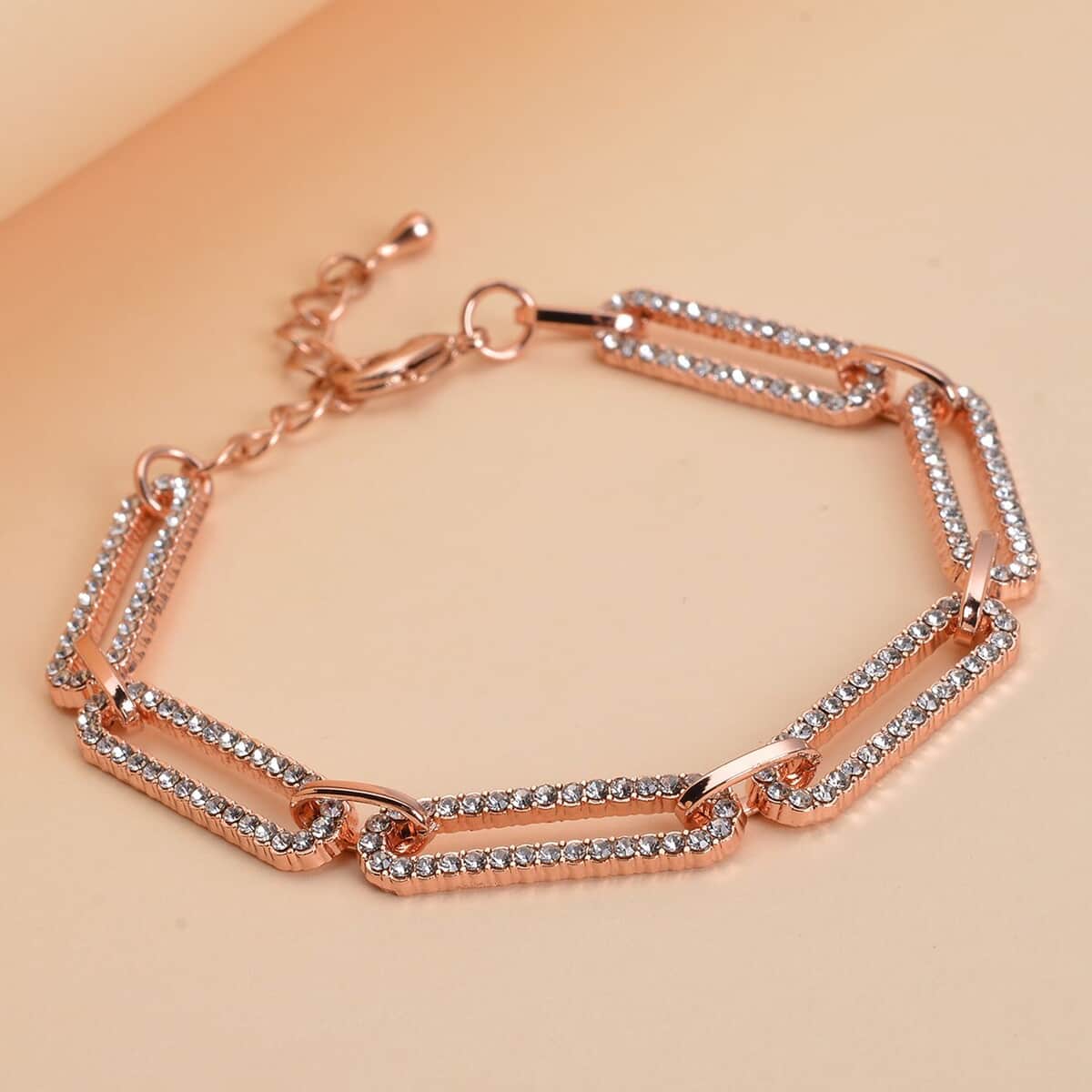 White Austrian Crystal Paper Clip Chain Bracelet in Rosetone (7.50-9.50In) image number 1