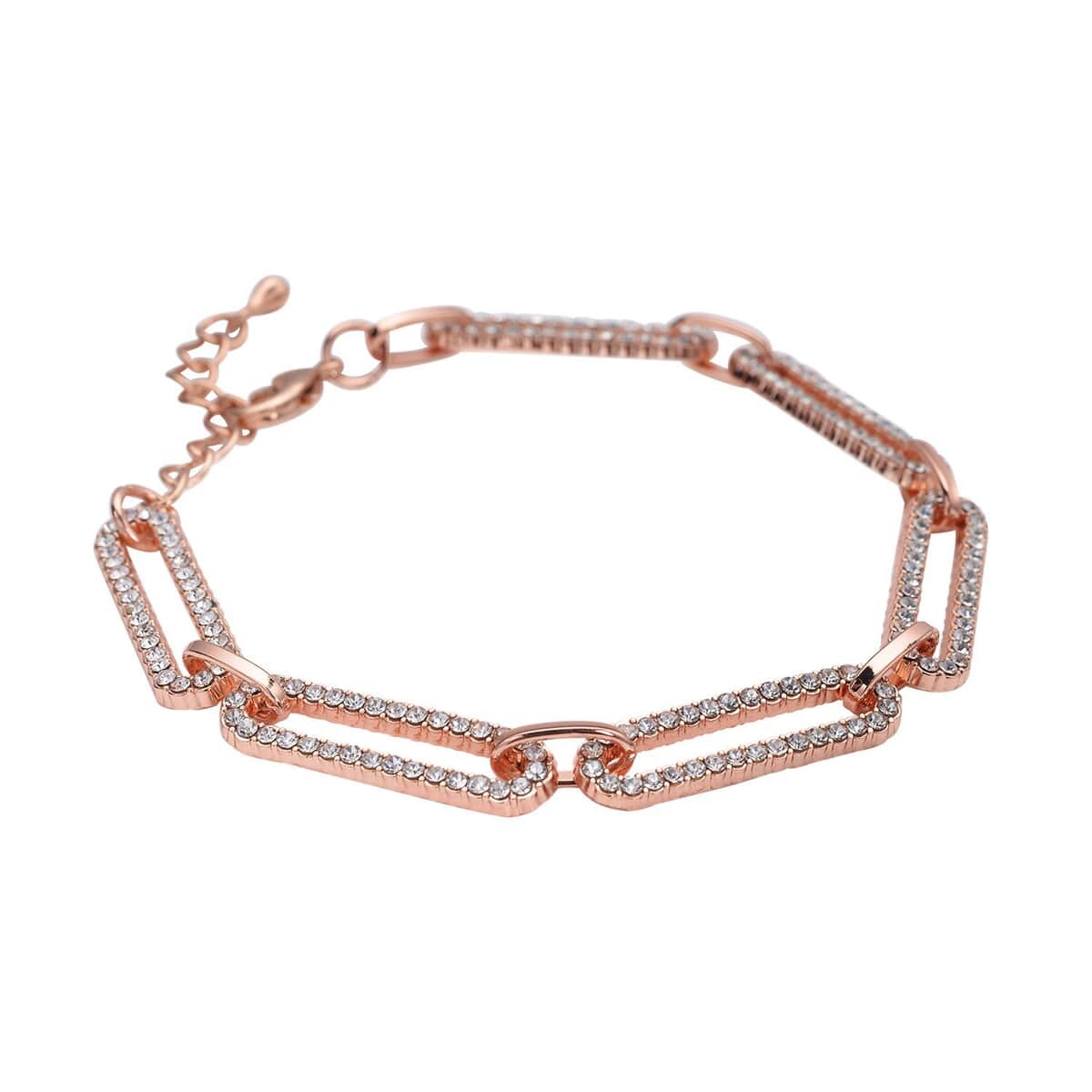 White Austrian Crystal Paper Clip Chain Bracelet in Rosetone (7.50-9.50In) image number 2