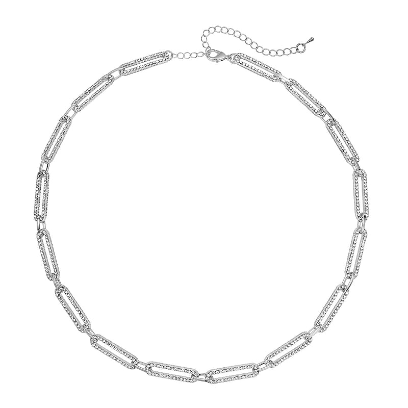 White Austrian Crystal Paperclip Chain Necklace in Silvertone (18-22 Inches)