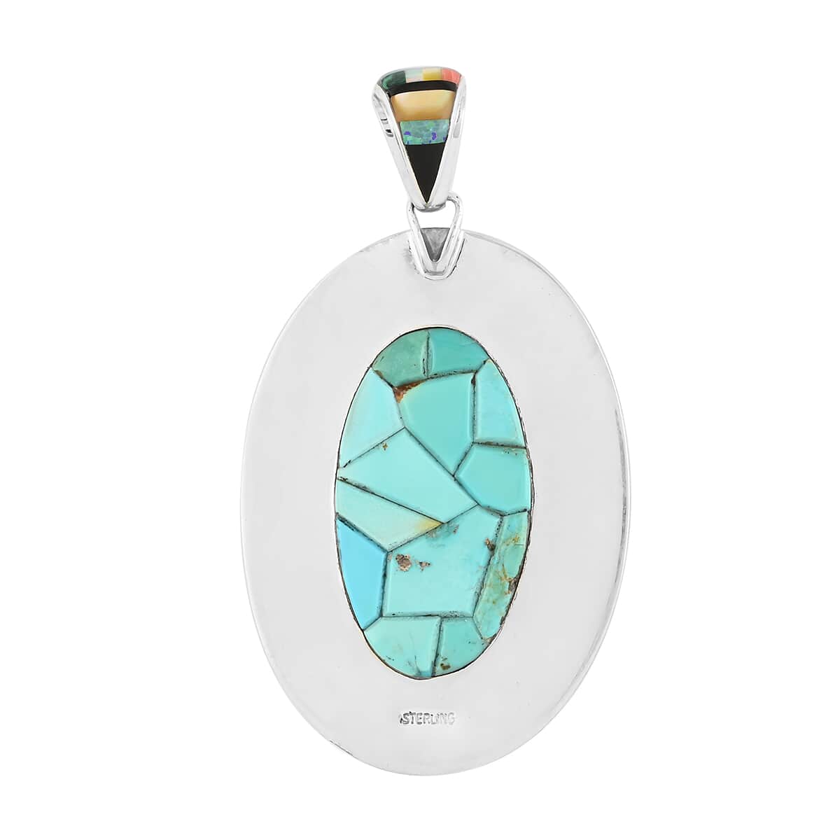 One Of A Kind SANTA FE Style Mother Of Pearl and Multi Gemstone Chief Two Sided Pendant in Sterling Silver 46.2 Grams (Made in USA) 23.10 ctw image number 2