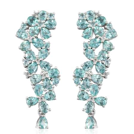 SUMMER DEALS Madagascar Paraiba Apatite and Natural White Zircon Floral Statement Earrings in Platinum Over Sterling Silver 8.10 ctw image number 0