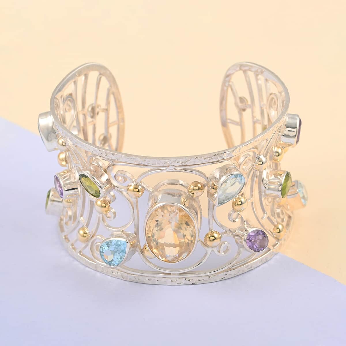 One Of A Kind Brazilian Citrine and Multi Gemstone Mixed Shapes Statement Cuff Bracelet in 14K YG Over and Sterling Silver (7.00 In) 59.25g 33.60 ctw image number 1