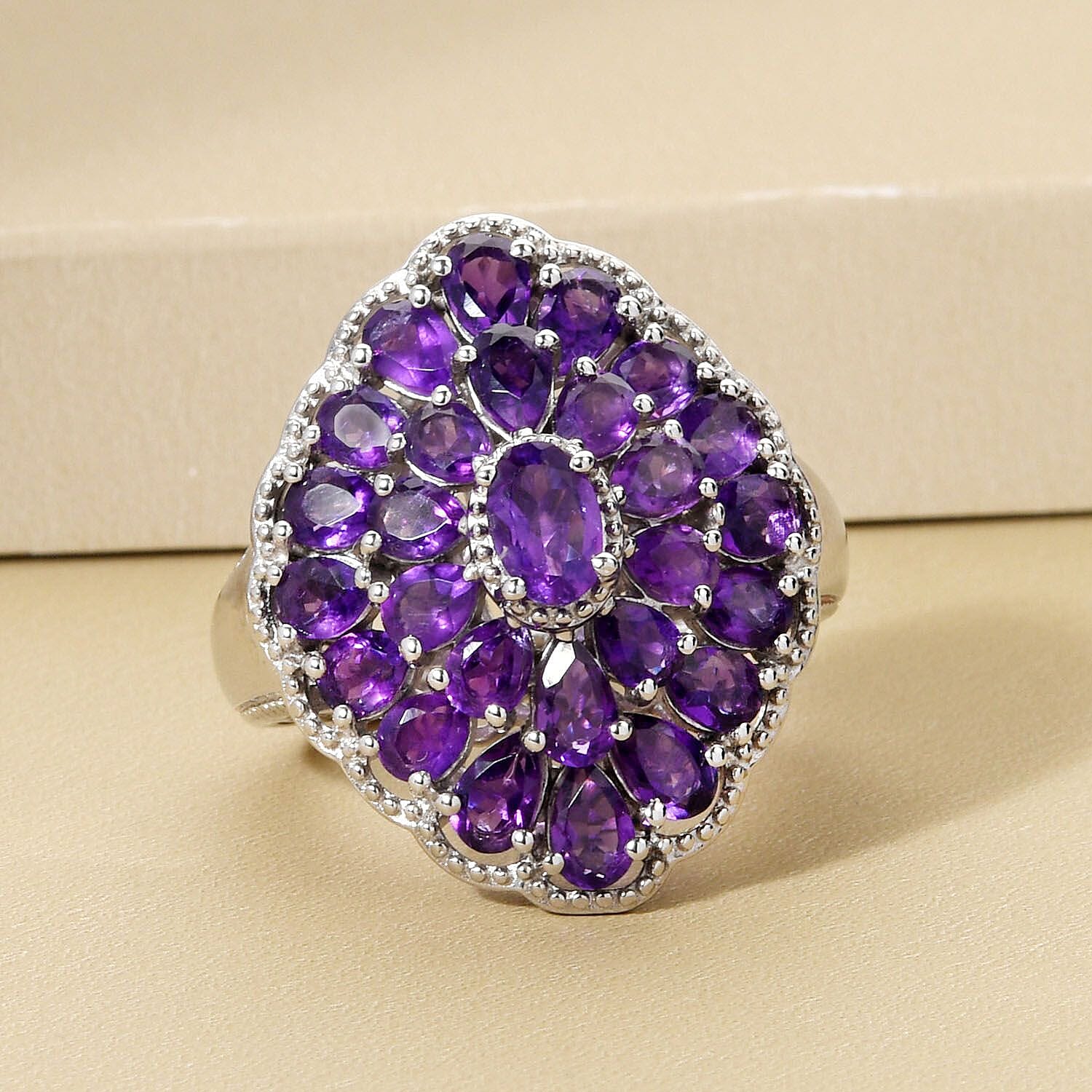African Amethyst 6.15 ctw Ring in Platinum Over Sterling Silver (Size 5.5)