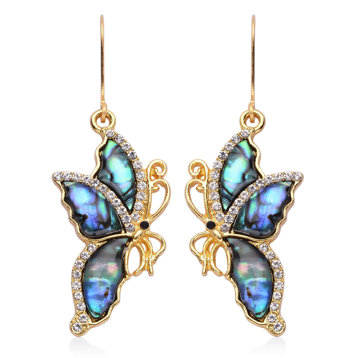 Abalone Shell, Black and White Austrian Crystal Butterfly Earrings in Goldtone image number 0