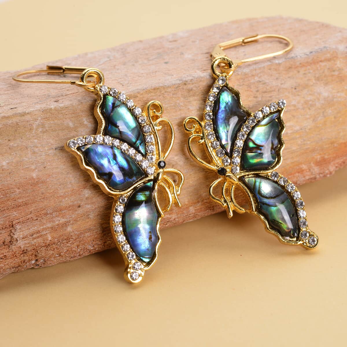 Abalone Shell, Black and White Austrian Crystal Butterfly Earrings in Goldtone image number 1