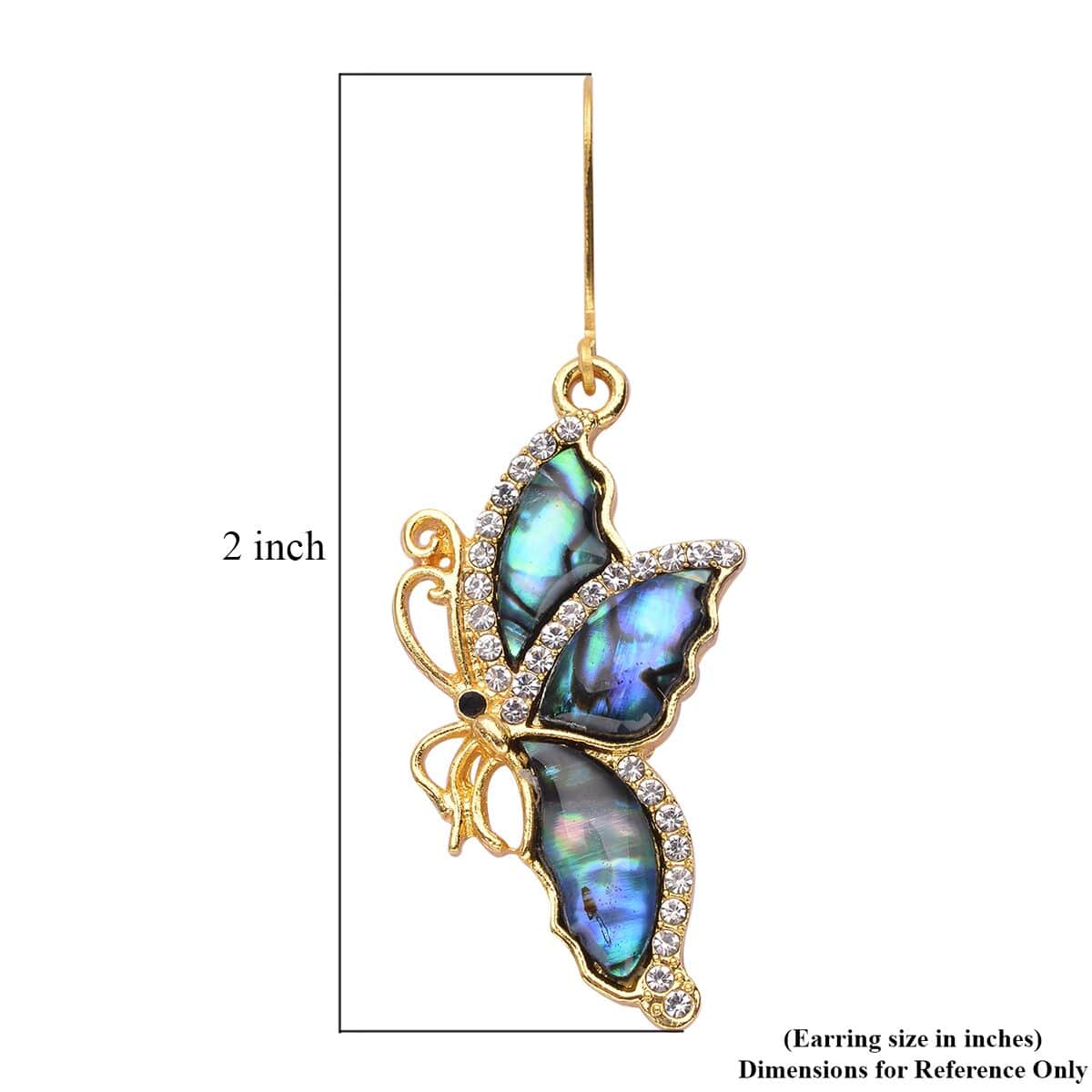Abalone Shell, Black and White Austrian Crystal Butterfly Earrings in Goldtone image number 5