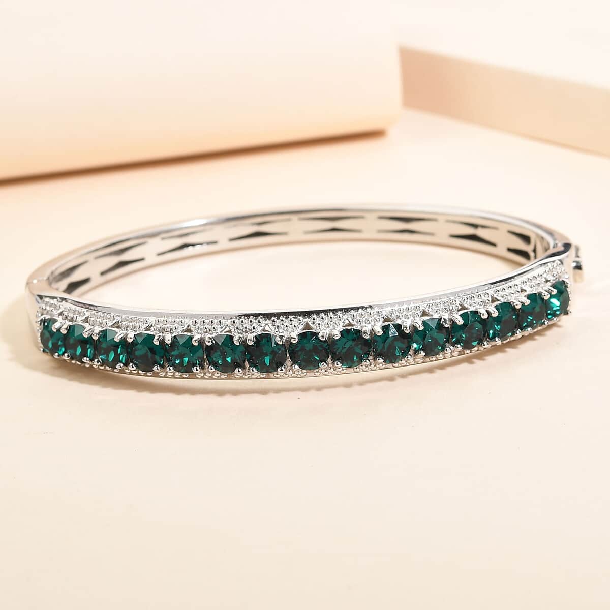 Karis Emerald Color Crystal Bangle Bracelet in Platinum Bond (7.25 In) image number 1
