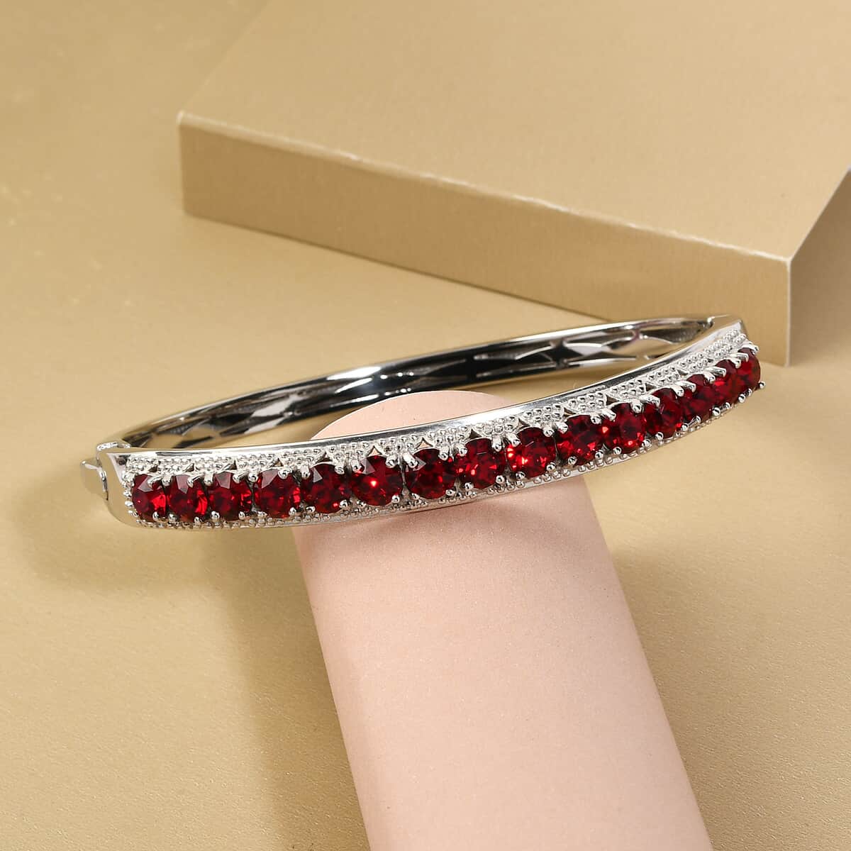 KARIS Siam Color Crystal Bangle Bracelet in Platinum Bond (7.25 In) image number 1