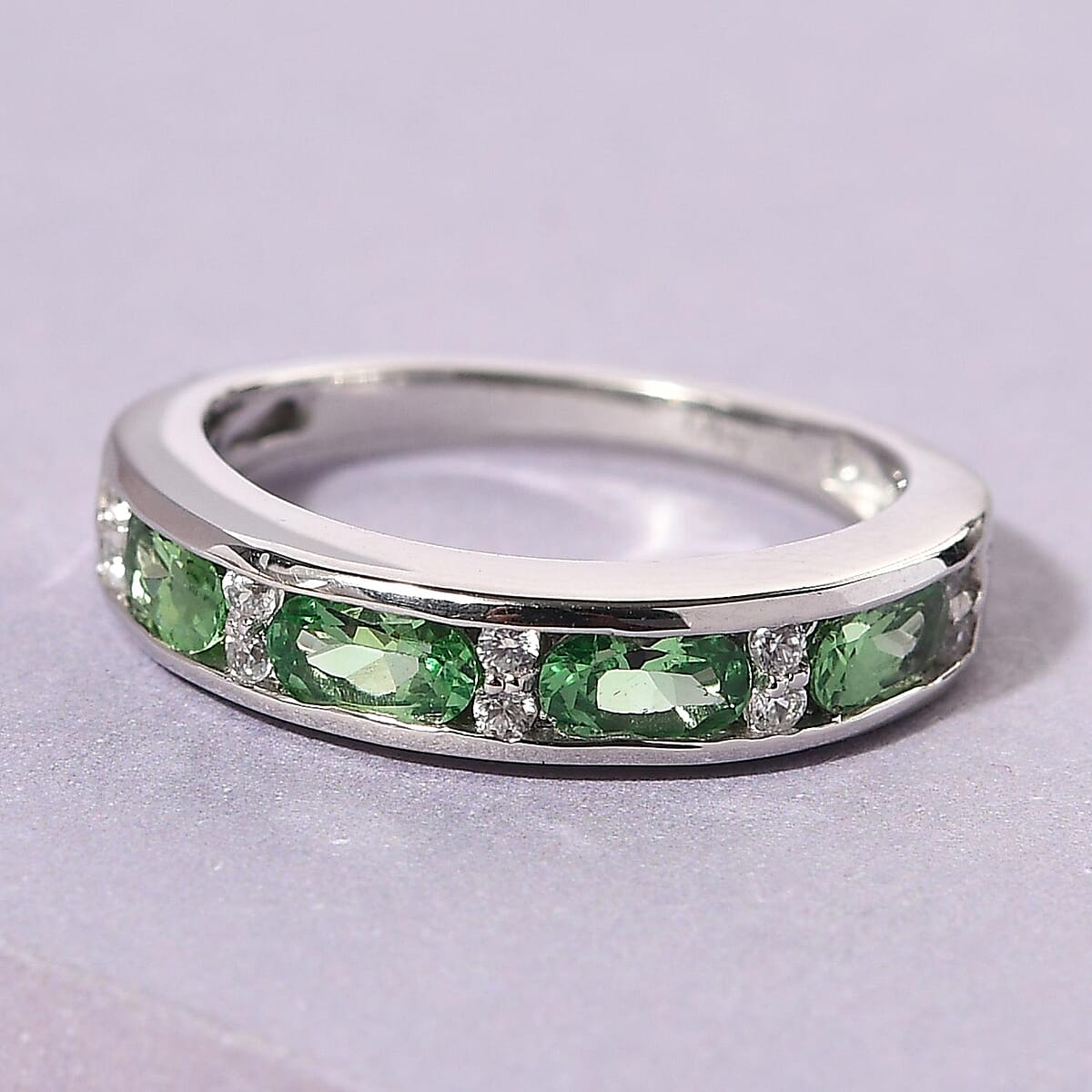 Premium Tsavorite Garnet and White Zircon Half Eternity Band Ring in Platinum Over Sterling Silver (Size 8.0) 1.15 ctw image number 1