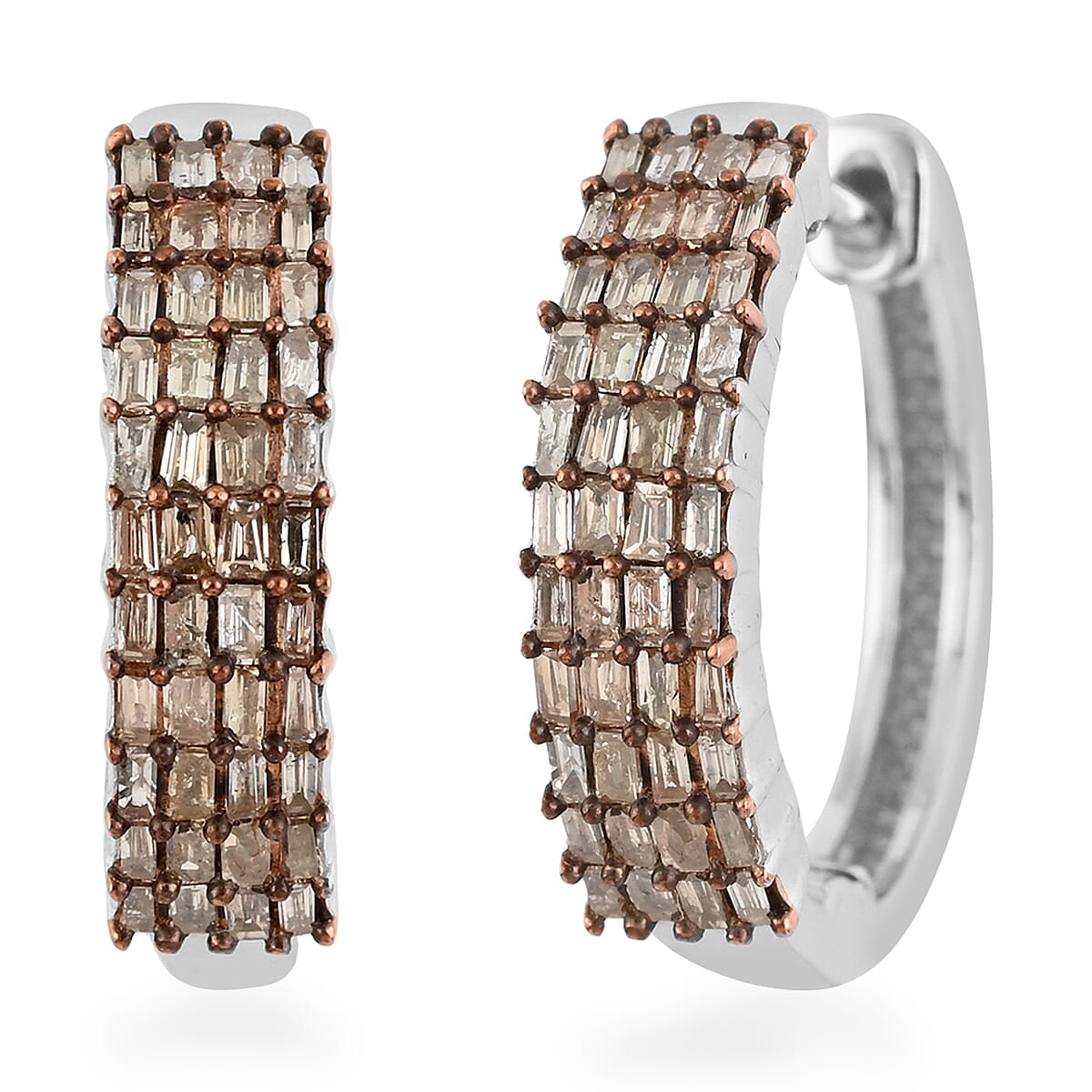 Natural Champagne Diamond Hoop Earrings in Platinum Over Sterling Silver 0.50 ctw