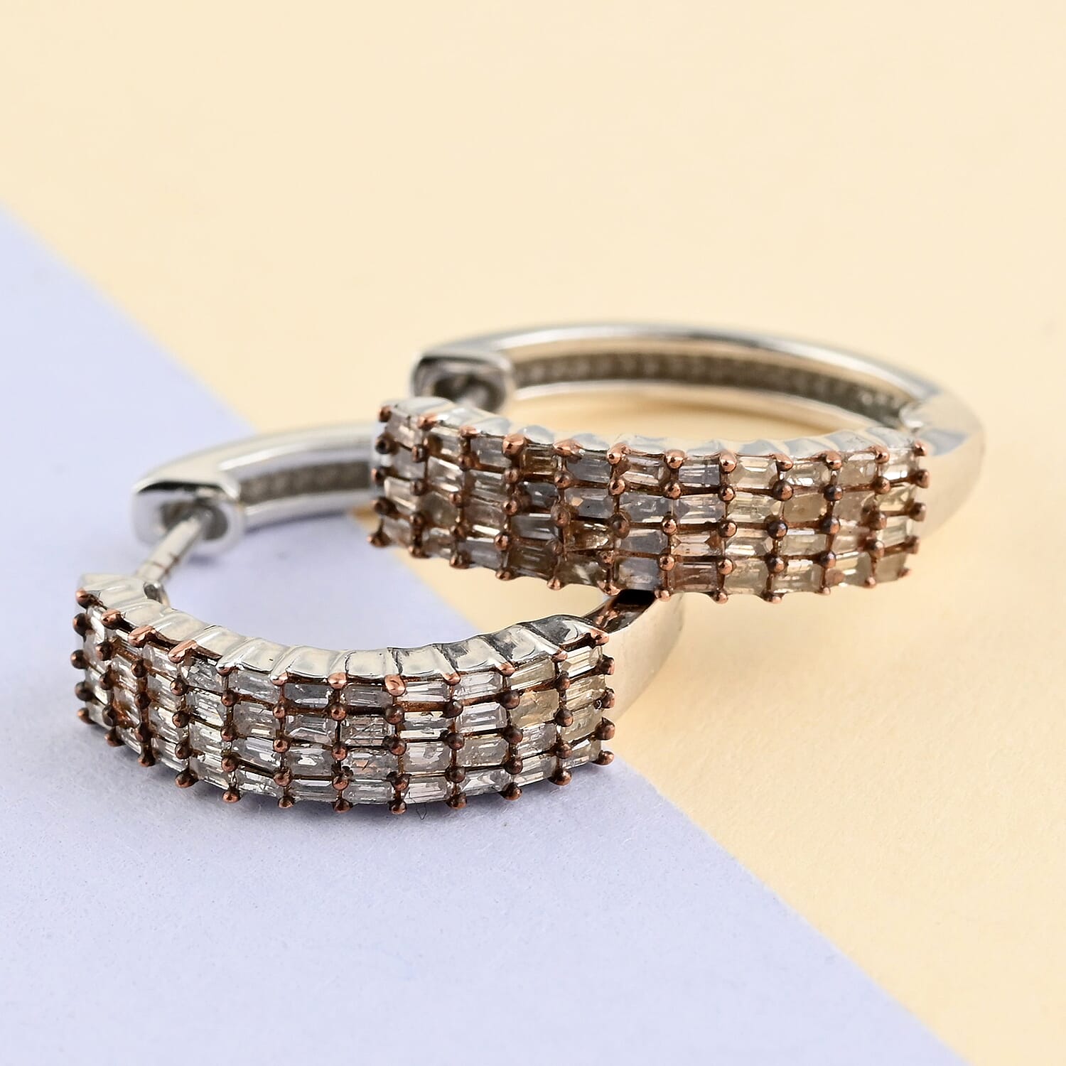 Natural Champagne Diamond Hoop Earrings in Platinum Over Sterling Silver 0.50 ctw