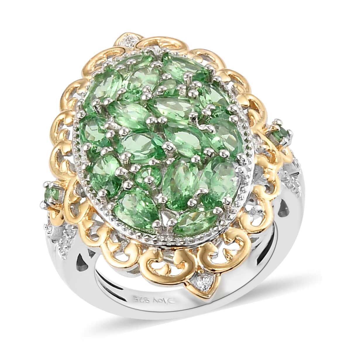 Natural Tsavorite Garnet and Natural White Zircon Cocktail Ring in Vermeil YG and Platinum Over Sterling Silver (Size 6.0) 7.35 Grams 3.65 ctw image number 0