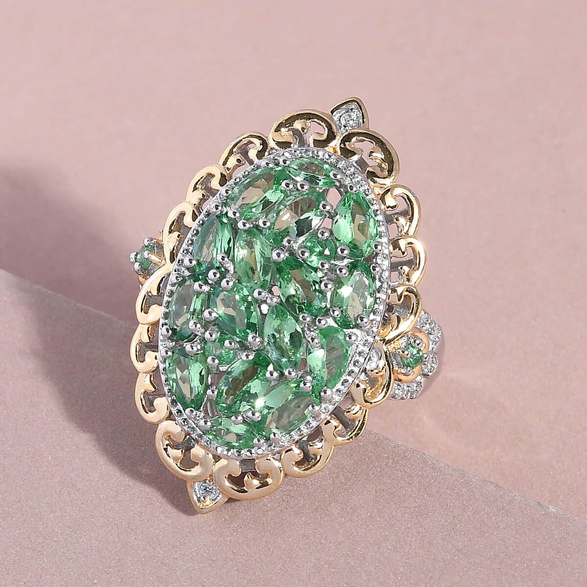 Natural Tsavorite Garnet and Natural White Zircon Cocktail Ring in Vermeil YG and Platinum Over Sterling Silver (Size 6.0) 7.35 Grams 3.65 ctw image number 1