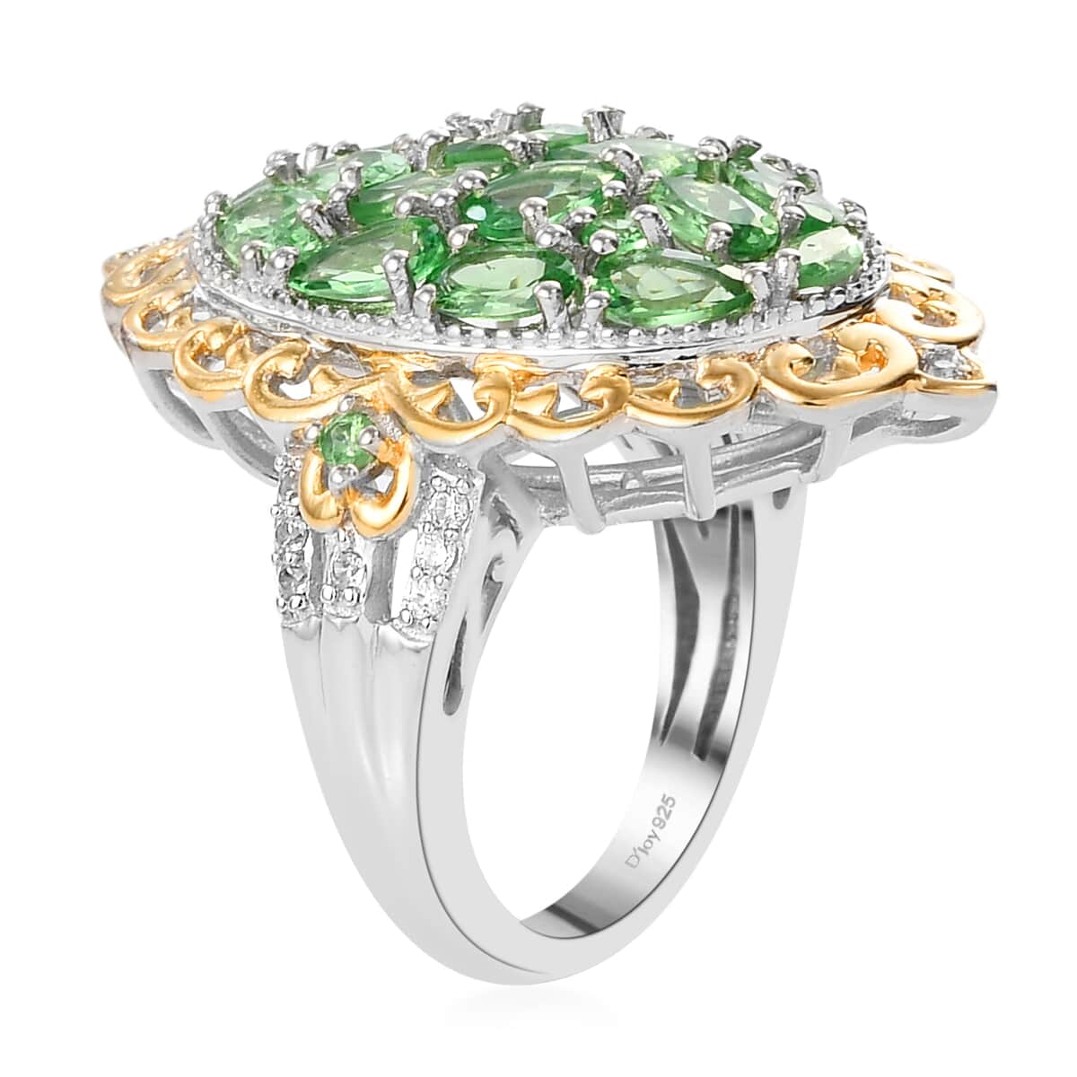 Natural Tsavorite Garnet and Natural White Zircon Cocktail Ring in Vermeil YG and Platinum Over Sterling Silver (Size 6.0) 7.35 Grams 3.65 ctw image number 3