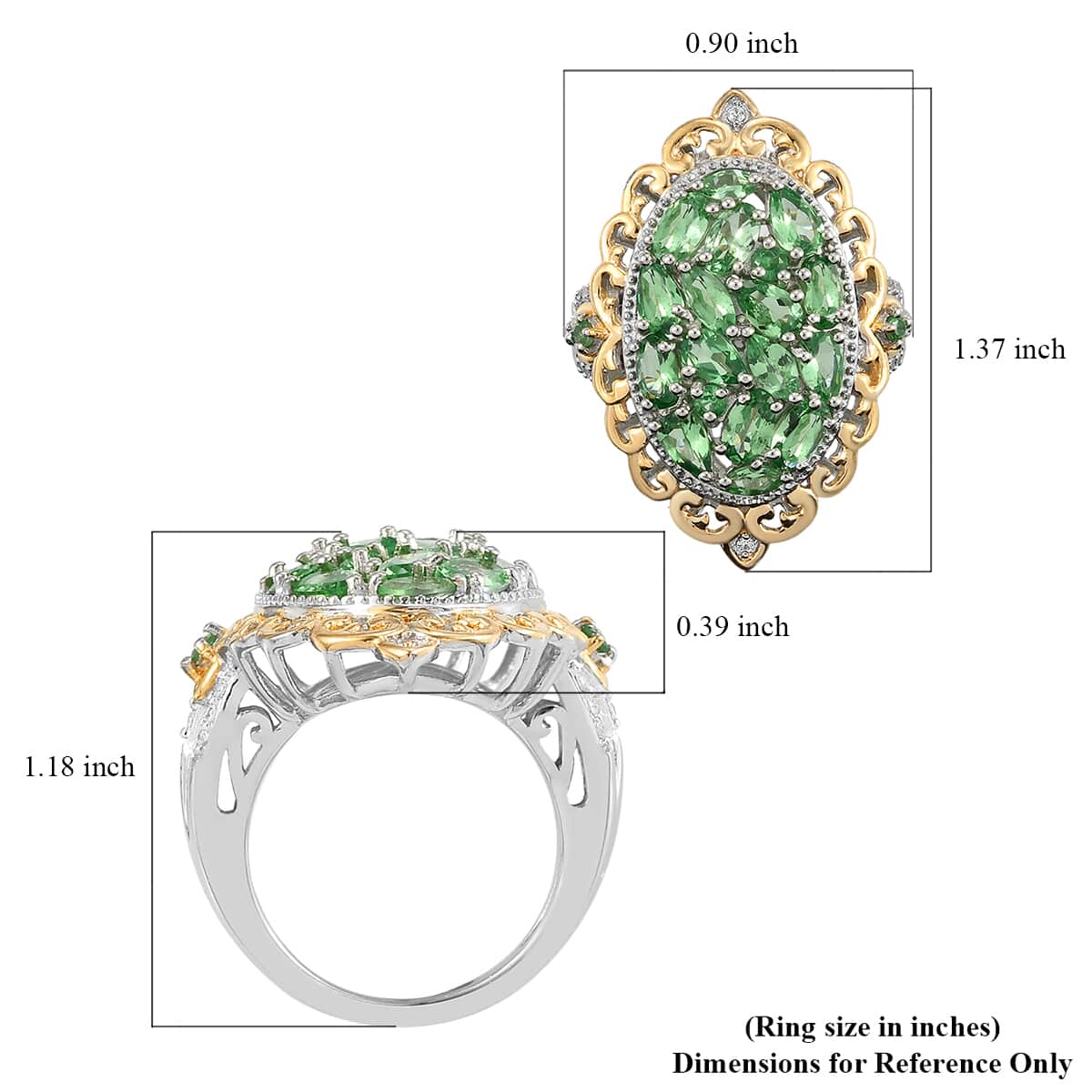 Natural Tsavorite Garnet and Natural White Zircon Cocktail Ring in Vermeil YG and Platinum Over Sterling Silver (Size 6.0) 7.35 Grams 3.65 ctw image number 5
