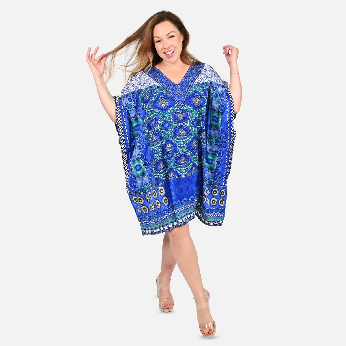 TLV TAMSY Blue Floral Screen Printed Kaftan - One Size Fits Most image number 0