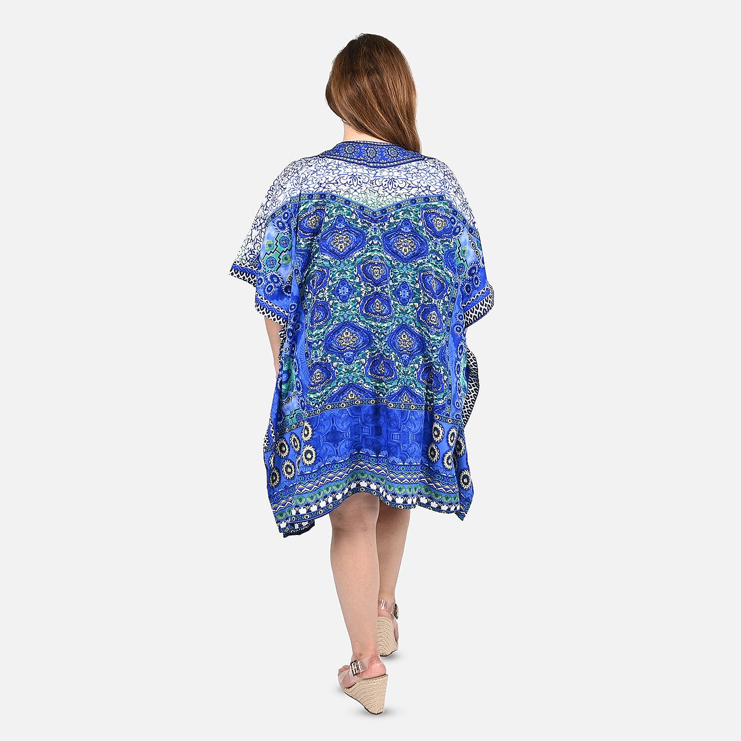 Tamsy Blue Floral Screen Printed Short Kaftan - One Size Fits Most