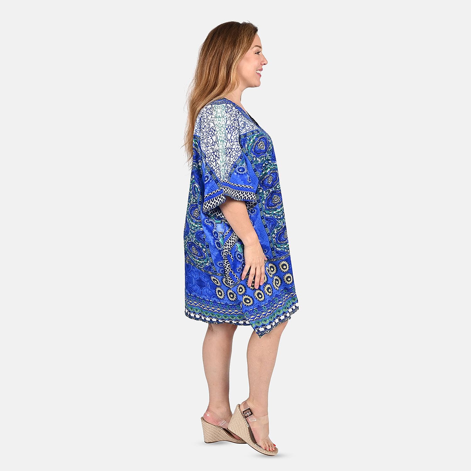 Tamsy Blue Floral Screen Printed Short Kaftan - One Size Fits Most