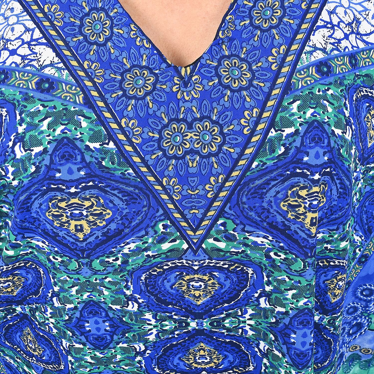 Tamsy Blue Floral Screen Printed Short Kaftan - One Size Fits Most