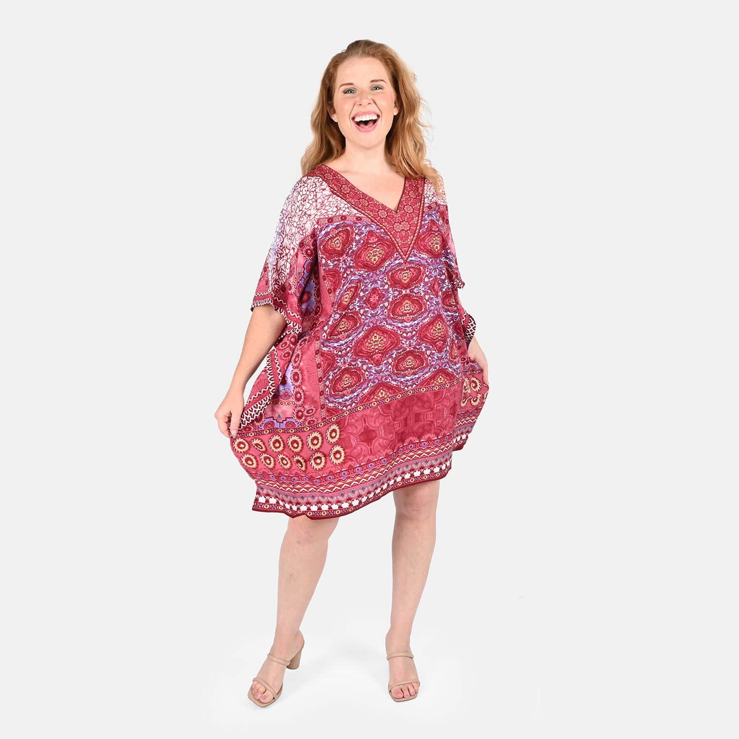 Buy Tamsy Dark Pink Floral Screen Printed Short Kaftan - One Size Fits Most  at ShopLC.