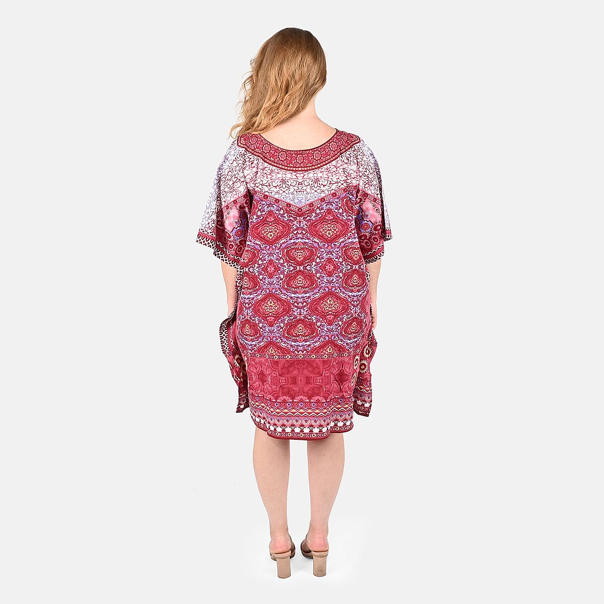 Tamsy Dark Pink Floral Screen Printed Short Kaftan - One Size Fits Most image number 1