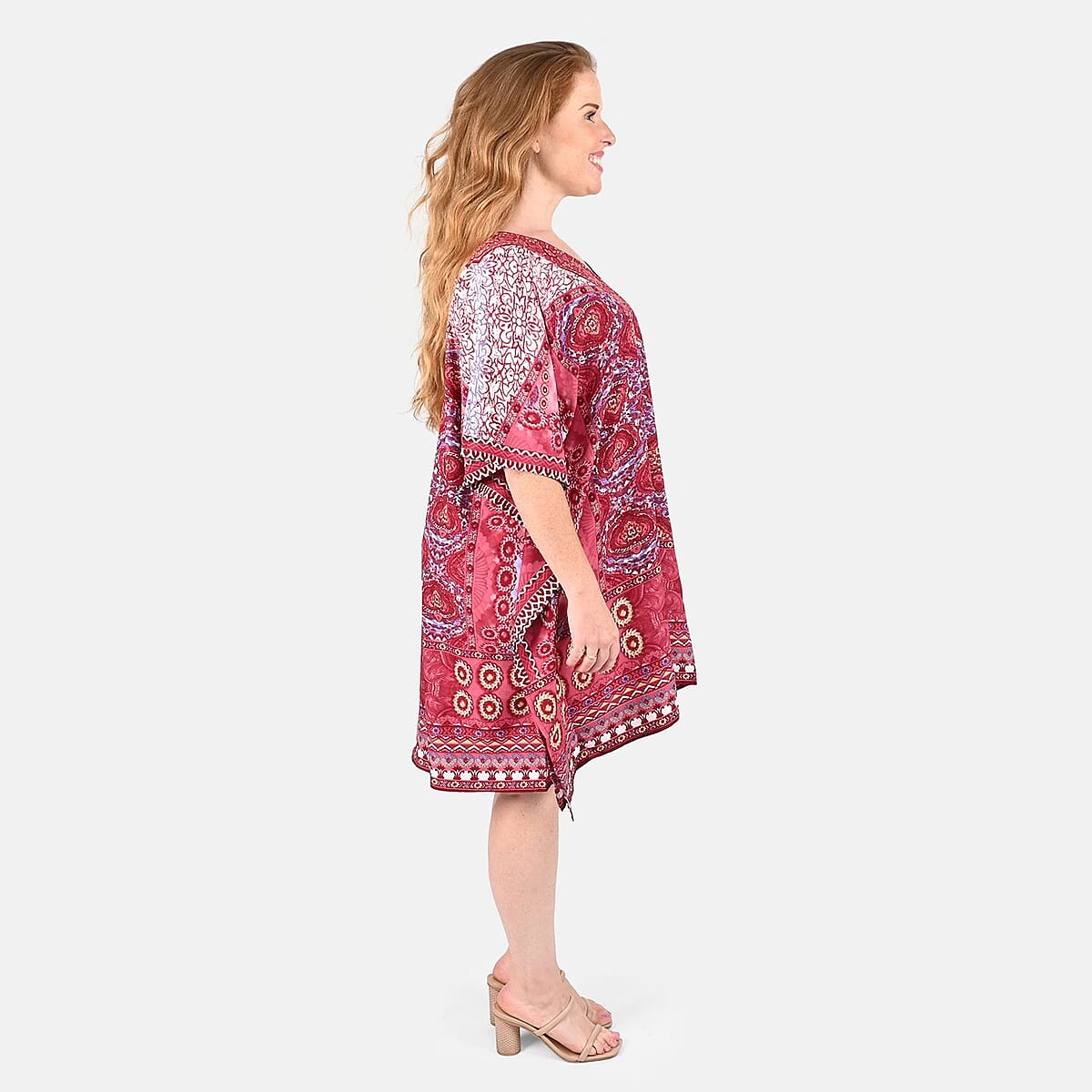 Tamsy Dark Pink Floral Screen Printed Short Kaftan - One Size Fits Most image number 2