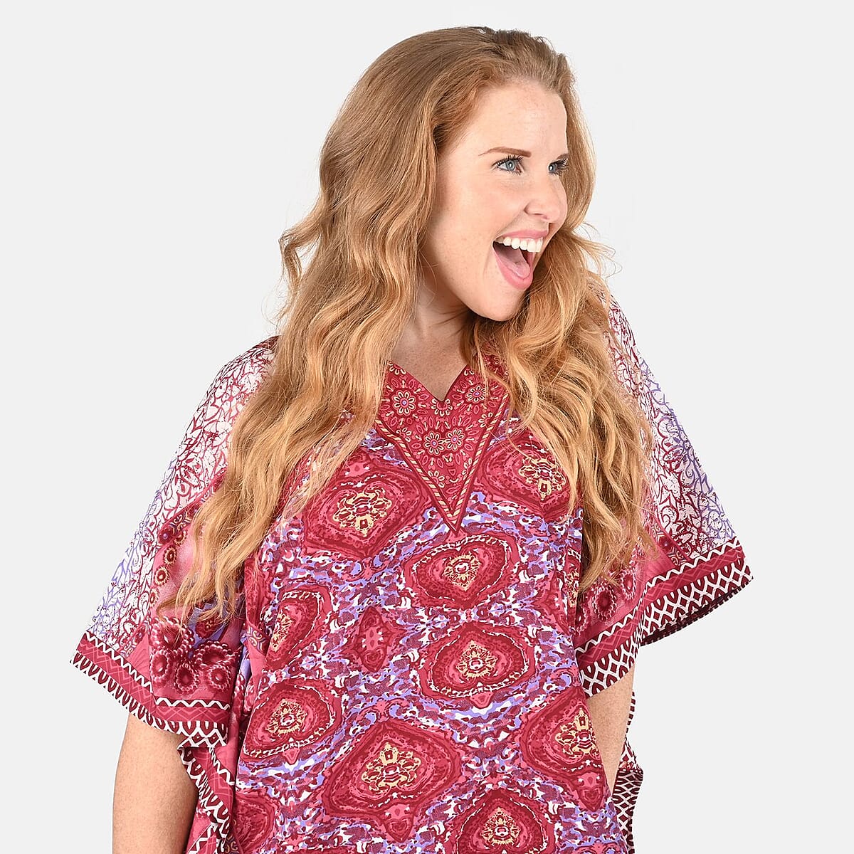 Tamsy Dark Pink Floral Screen Printed Short Kaftan - One Size Fits Most image number 3