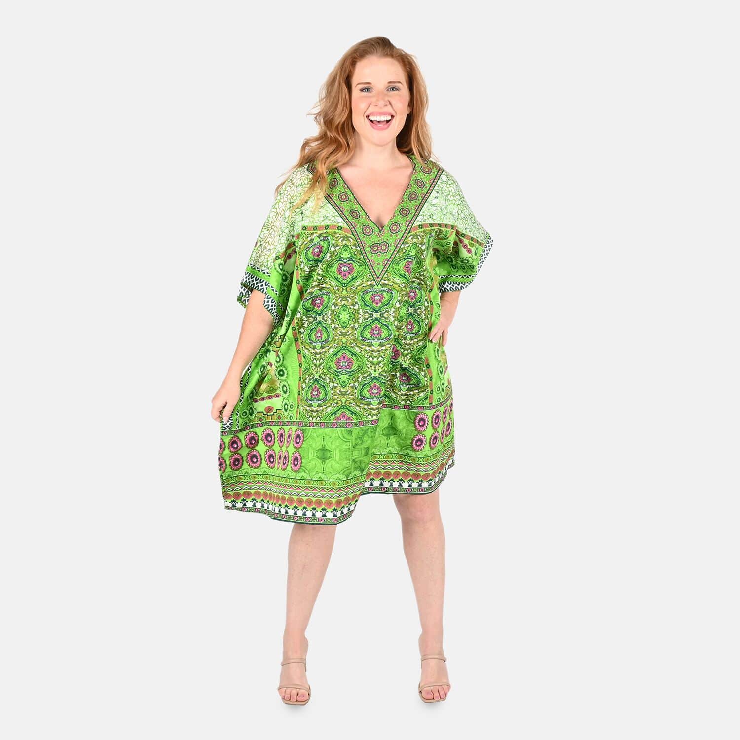 Buy Tamsy Green Floral Screen Printed Short Kaftan - One Size Fits Most at  ShopLC.