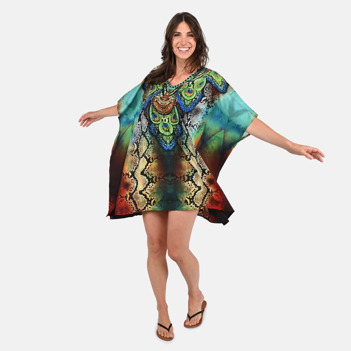 TAMSY Turquoise Cheetah & Peacock Feather Screen Printed Kaftan - One Size Fits Most image number 0