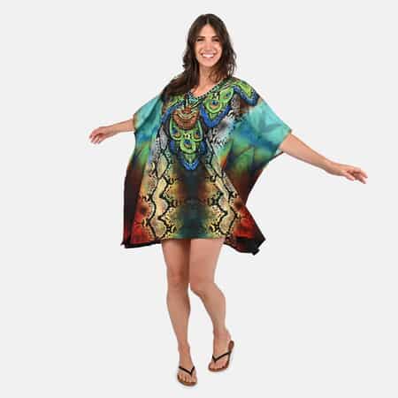 Tamsy Turquoise Snake Screen Printed Short Kaftan - One Size Fits Most image number 0