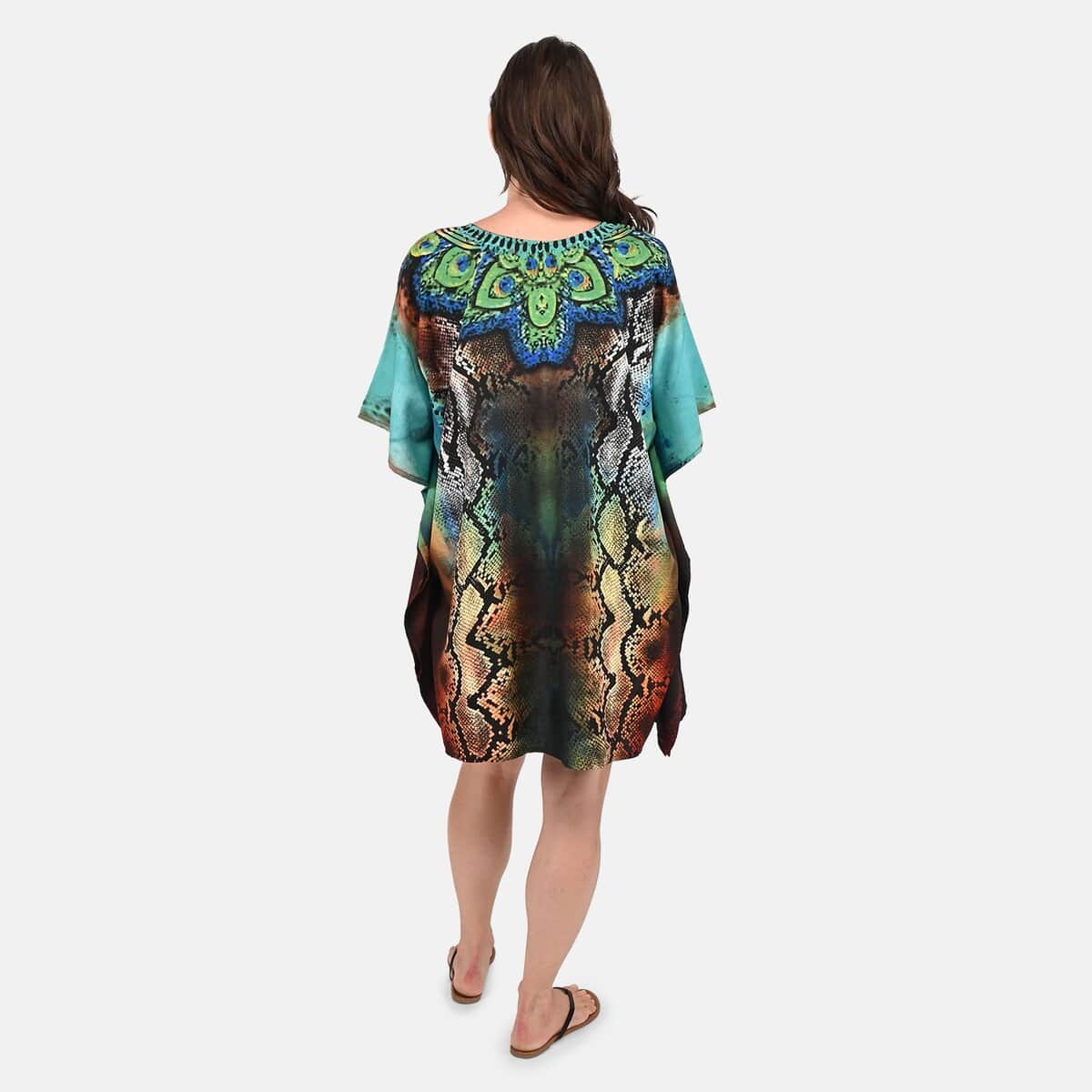 TAMSY Turquoise Cheetah & Peacock Feather Screen Printed Kaftan - One Size Fits Most image number 1