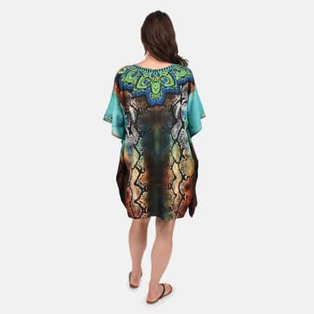 Tamsy Turquoise Snake Screen Printed Short Kaftan - One Size Fits Most image number 1