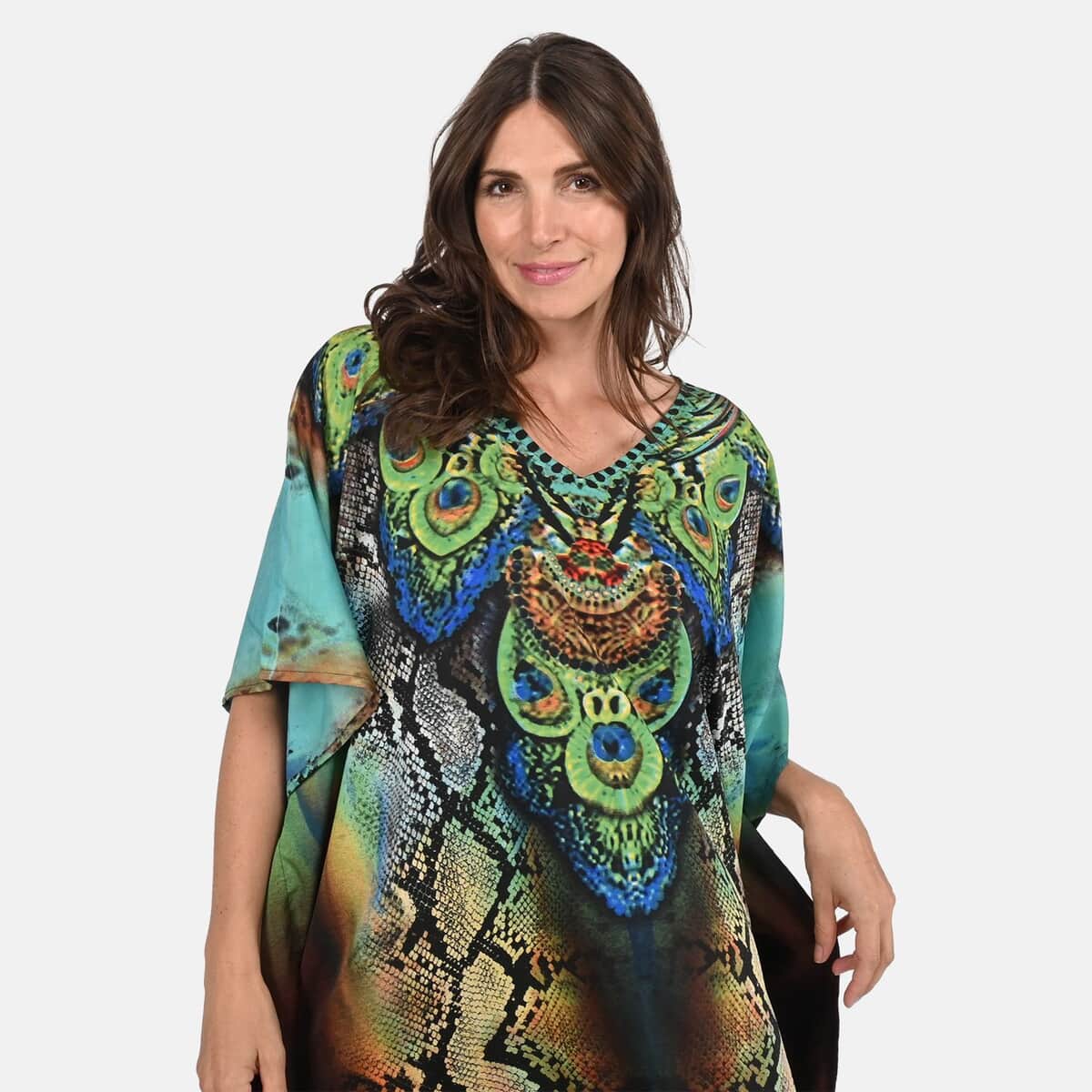 Tamsy Turquoise Snake Screen Printed Short Kaftan - One Size Fits Most image number 3
