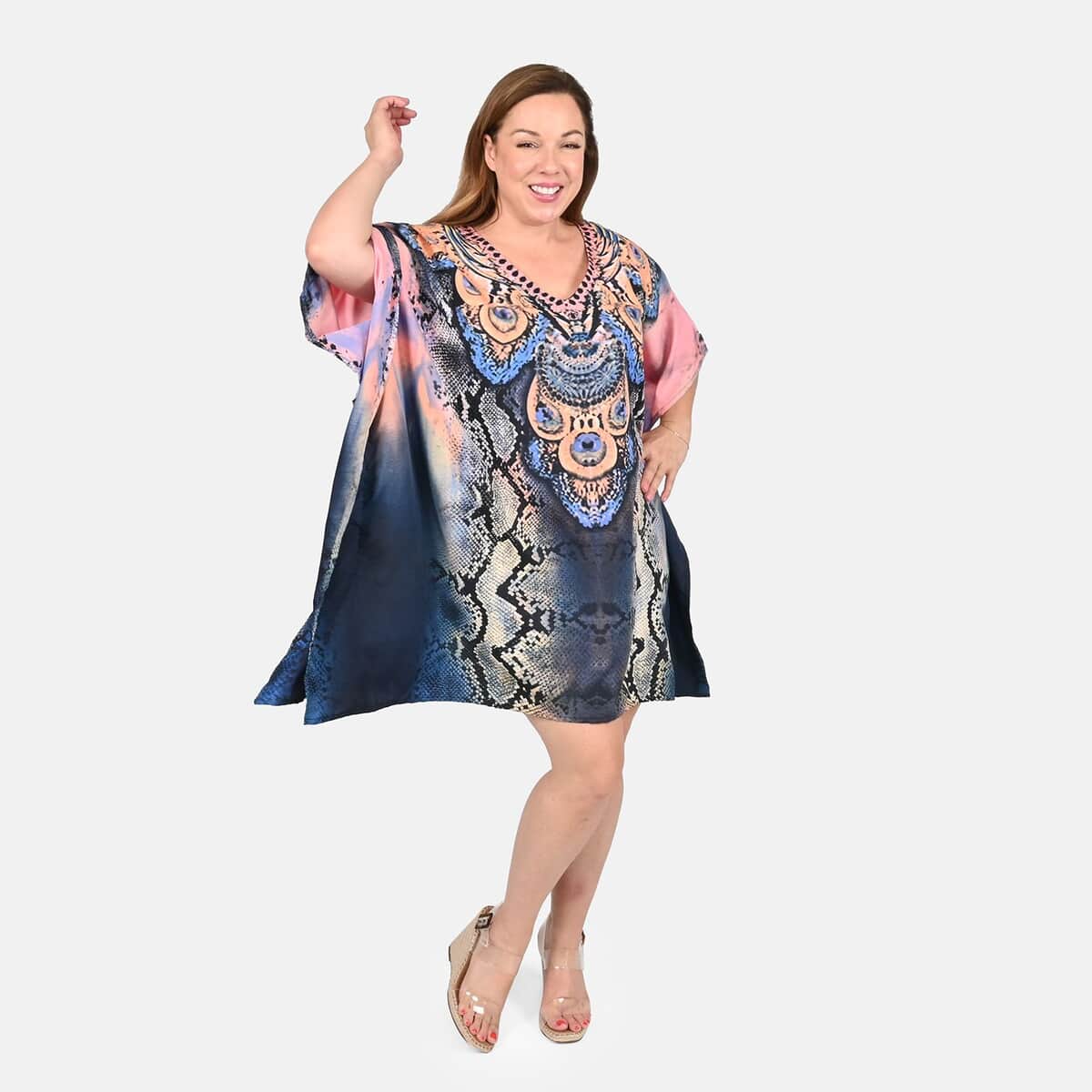 Tamsy Blue Snake Screen Printed Short Kaftan - One Size Fits Most image number 0