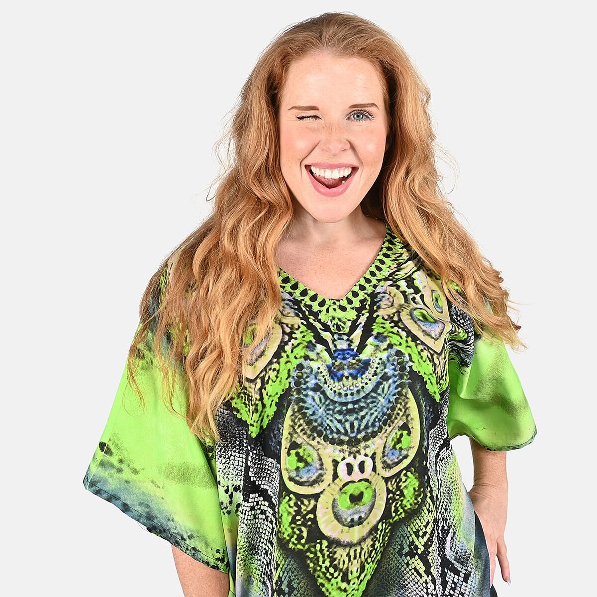 Tamsy Green Snake Screen Printed Short Kaftan - One Size Fits Most image number 3