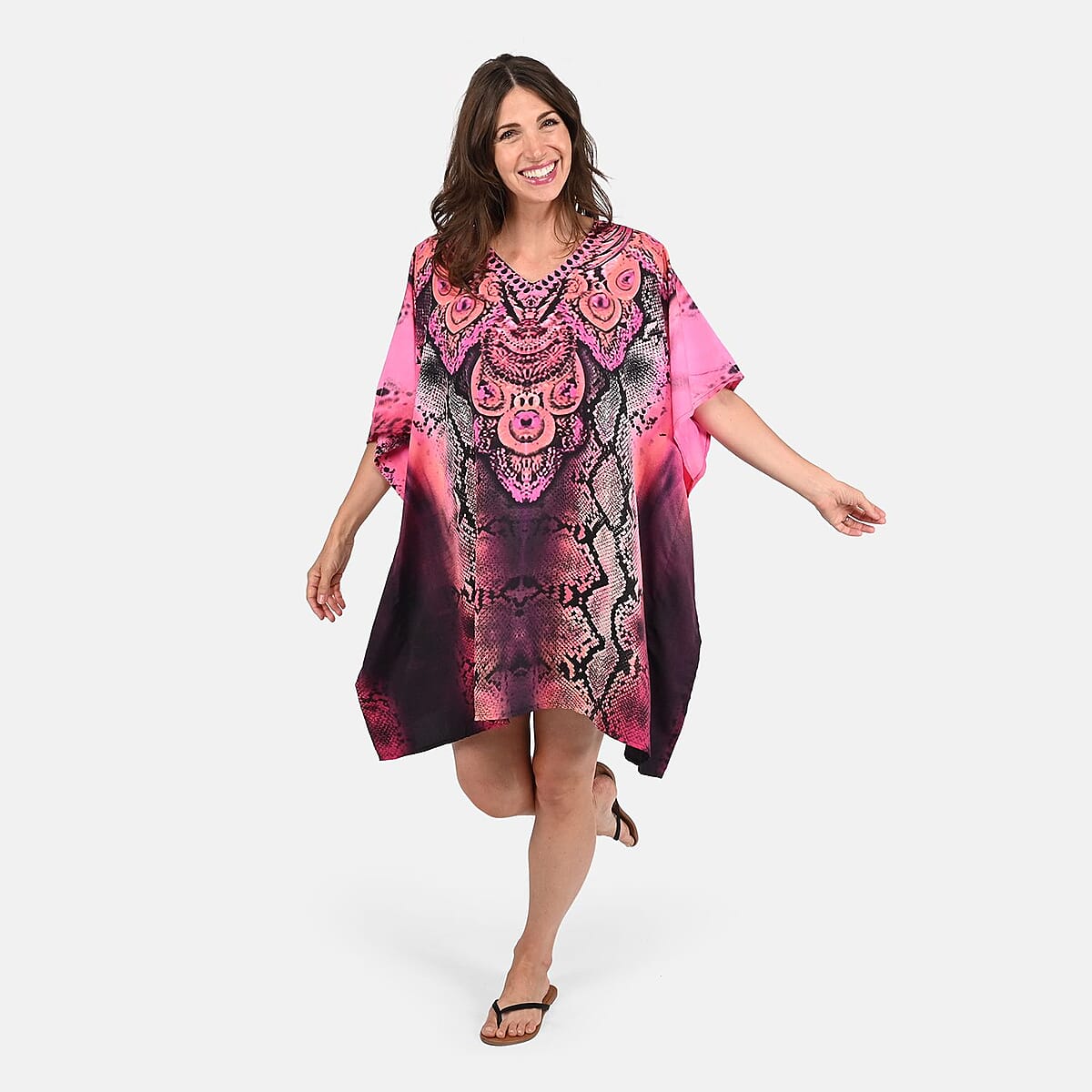 Tamsy Pink Snake Screen Printed Short Kaftan - One Size Fits Most image number 0