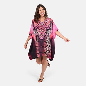Tamsy Pink Snake Screen Printed Short Kaftan - One Size Fits Most