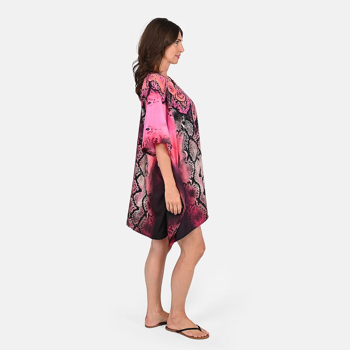 Tamsy Pink Snake Screen Printed Short Kaftan - One Size Fits Most image number 2