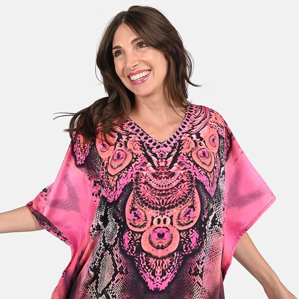 Tamsy Pink Snake Screen Printed Short Kaftan - One Size Fits Most image number 3