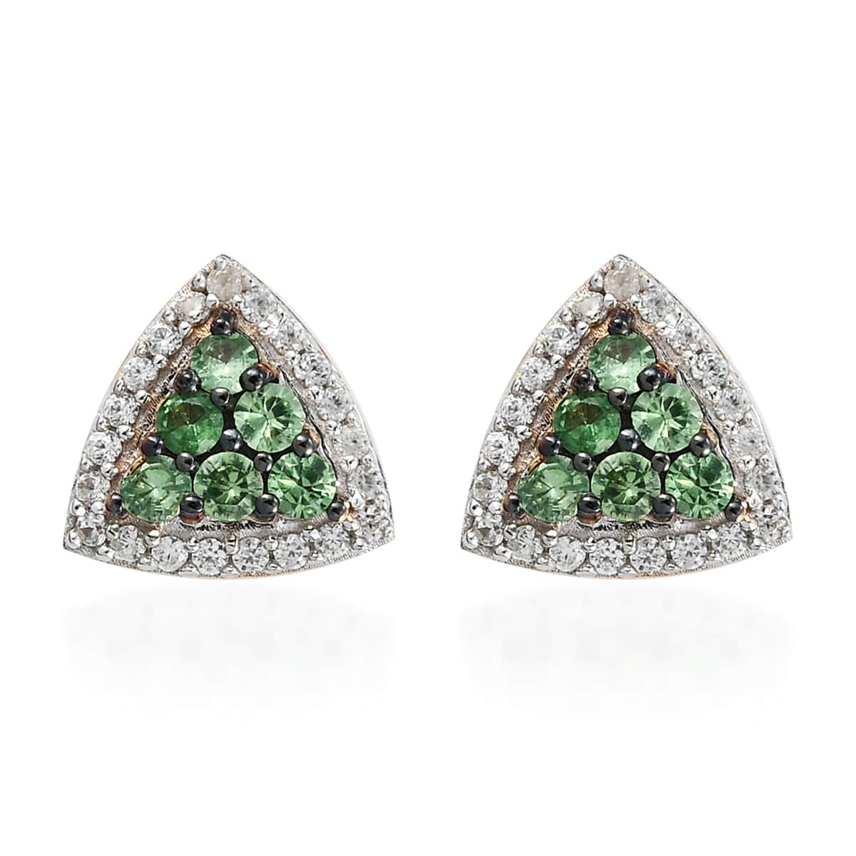 Natural Tsavorite Garnet and Natural White Zircon Stud Earrings in Rhodium & Vermeil Yellow Gold Over Sterling Silver 1.10 ctw image number 0