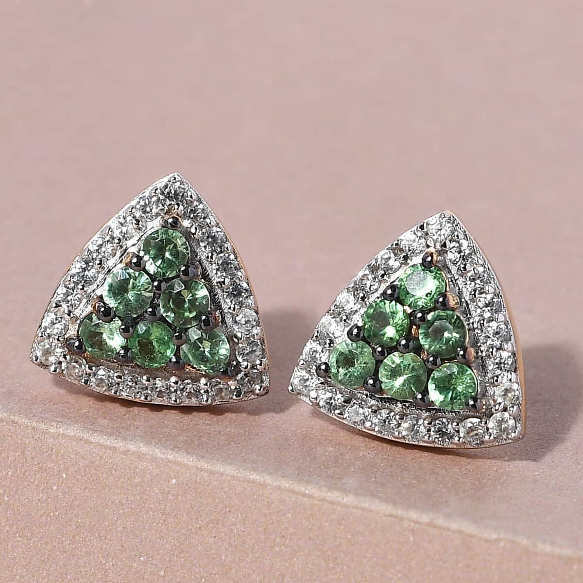 Natural Tsavorite Garnet and Natural White Zircon Stud Earrings in Rhodium & Vermeil Yellow Gold Over Sterling Silver 1.10 ctw image number 1