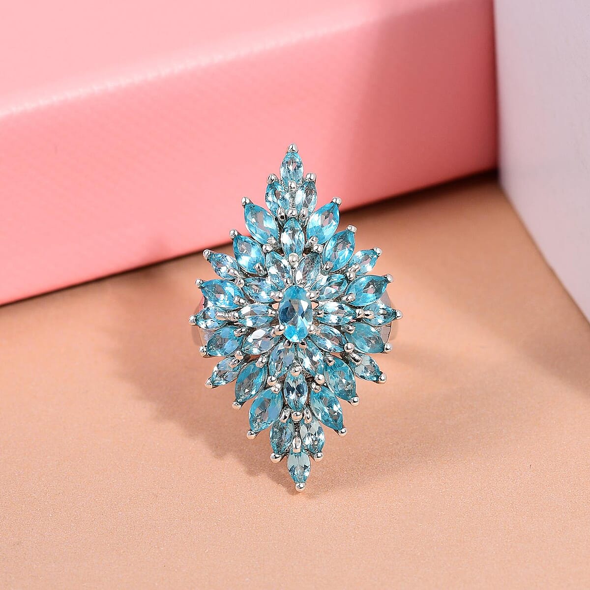 Madagascar Paraiba Apatite Elongated Ring in Platinum Over Sterling Silver (Size 9.0) 4.30 ctw image number 1