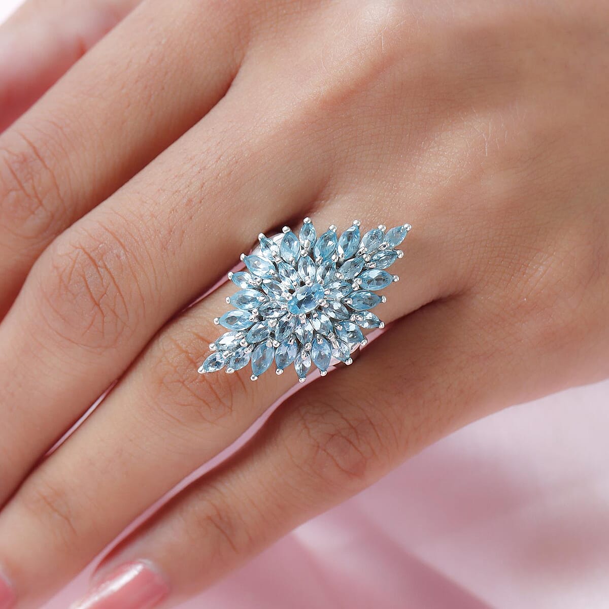 Madagascar Paraiba Apatite Elongated Ring in Platinum Over Sterling Silver (Size 9.0) 4.30 ctw image number 2