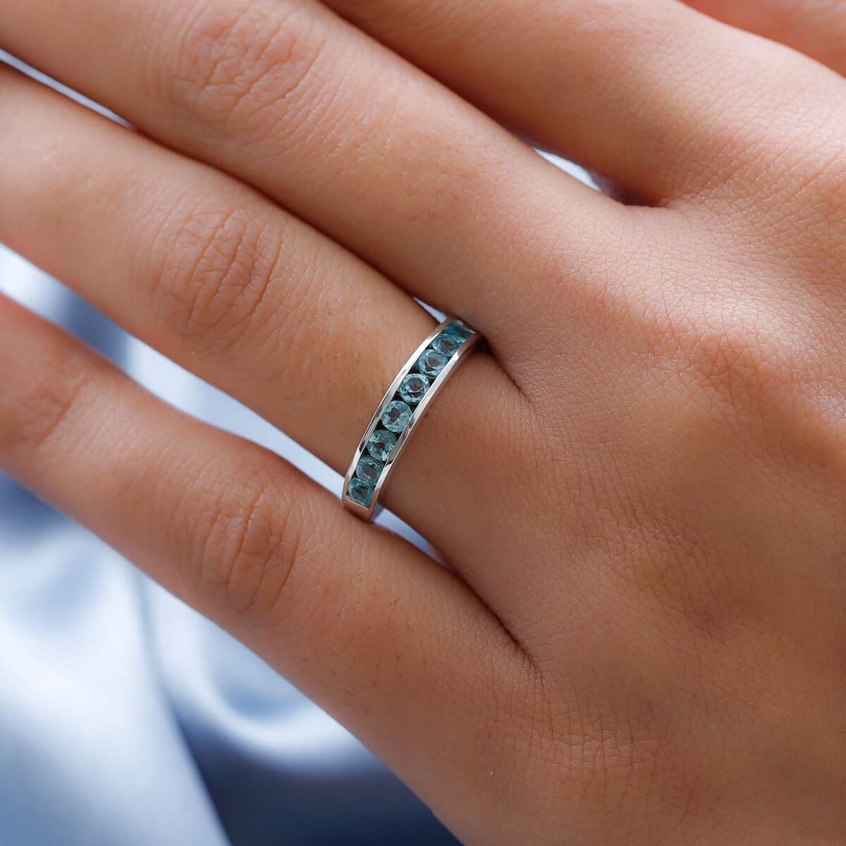 Madagascar Paraiba Apatite Half Eternity Band Ring in Platinum Over Sterling Silver (Size 6.0) 0.75 ctw image number 2